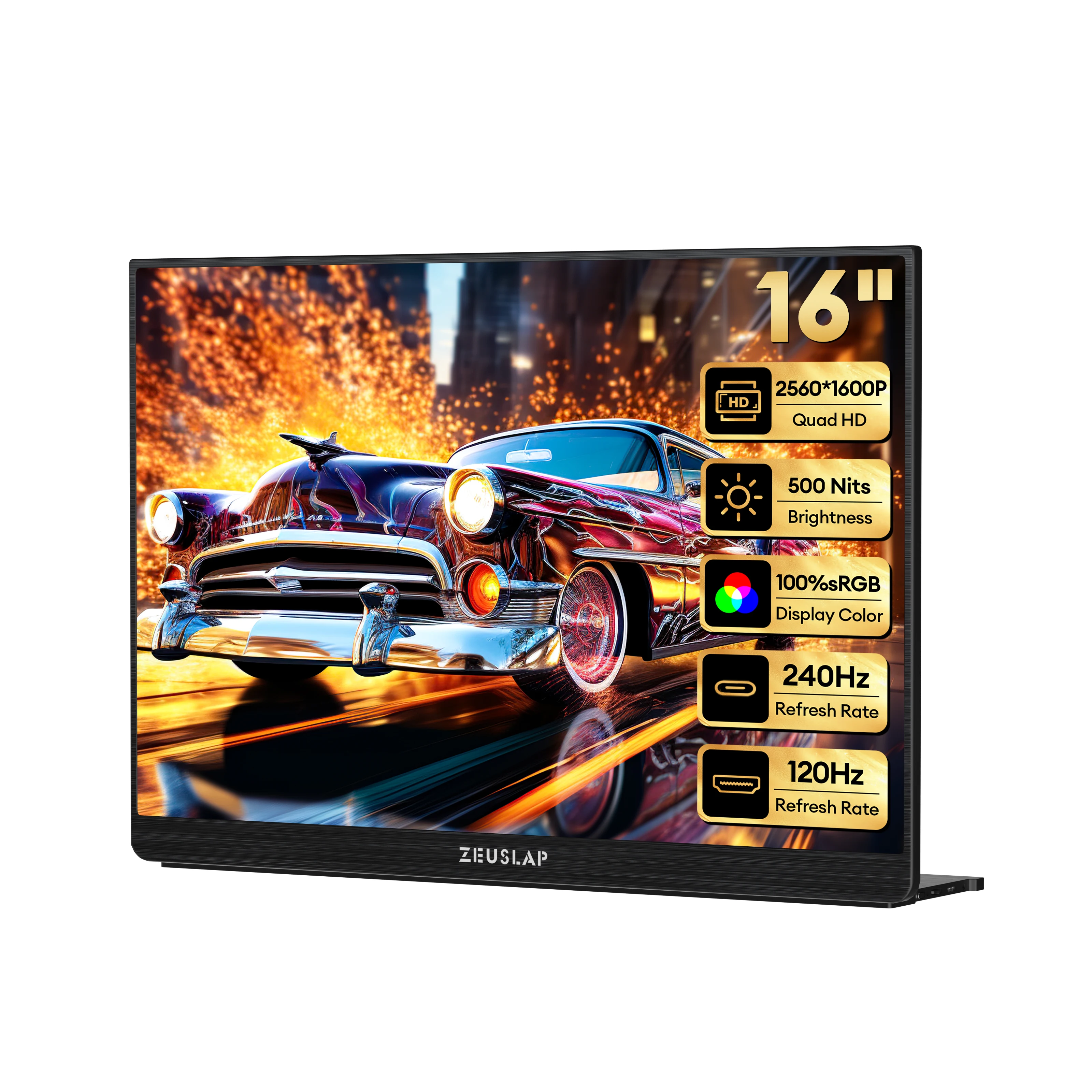 

ZEUSLAP 16" QHD 2.5K 240Hz Gaming Portable Monitor 500Nits 100%sRGB for phone, ns, ps5, laptop pc second screen