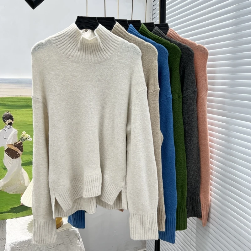 เสื้อสเวตเตอร์ไหมพรมถักแบบหลวม มีรอยผ่าสำหรับห้อยป้ายในห้องลองเสื้อ  แบบญี่ปุ่น สไตล์ลำลอง วินเทจ ทรงโอเวอร์เฮด แขนยาว ให้ความอบอุ่น