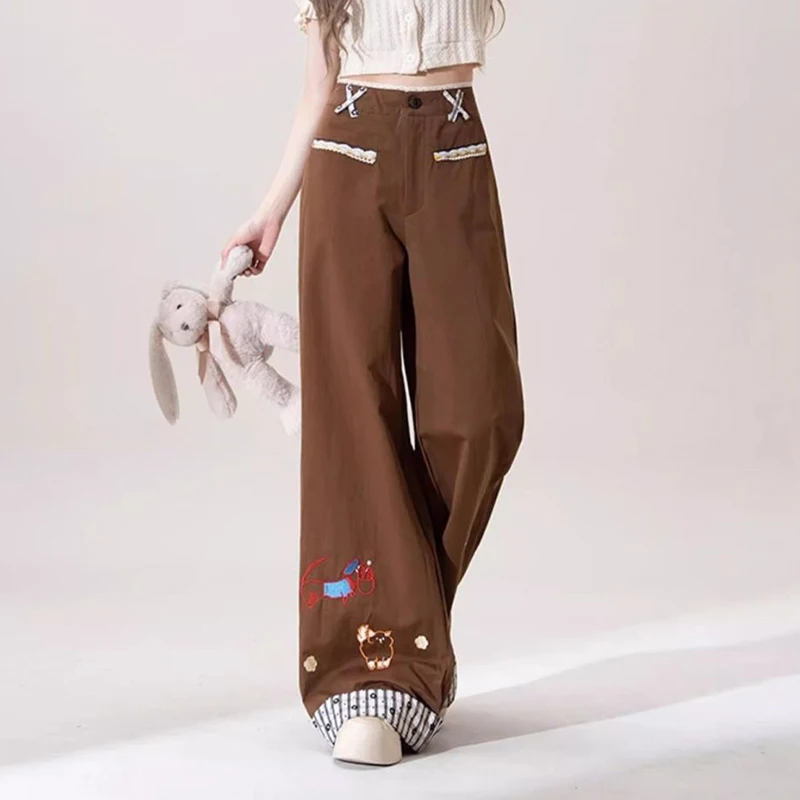 الأمريكية خمر لطيف السراويل المطرزة النساء الحلو Harajuku Y2K أنيمي السراويل فضفاضة عادية المرقعة ربيع الخريف مستقيم بانت