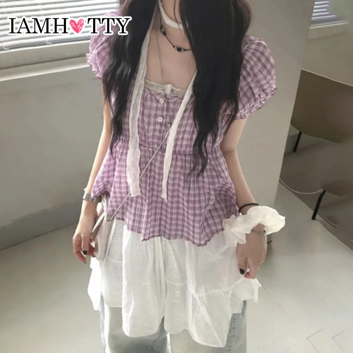 

IAMHOTTY Frill Button-up Square Collar Plaid Shirt Purple Color Puff Short Sleeve Top Sweet A-line Loose Blouses Coquette Tops