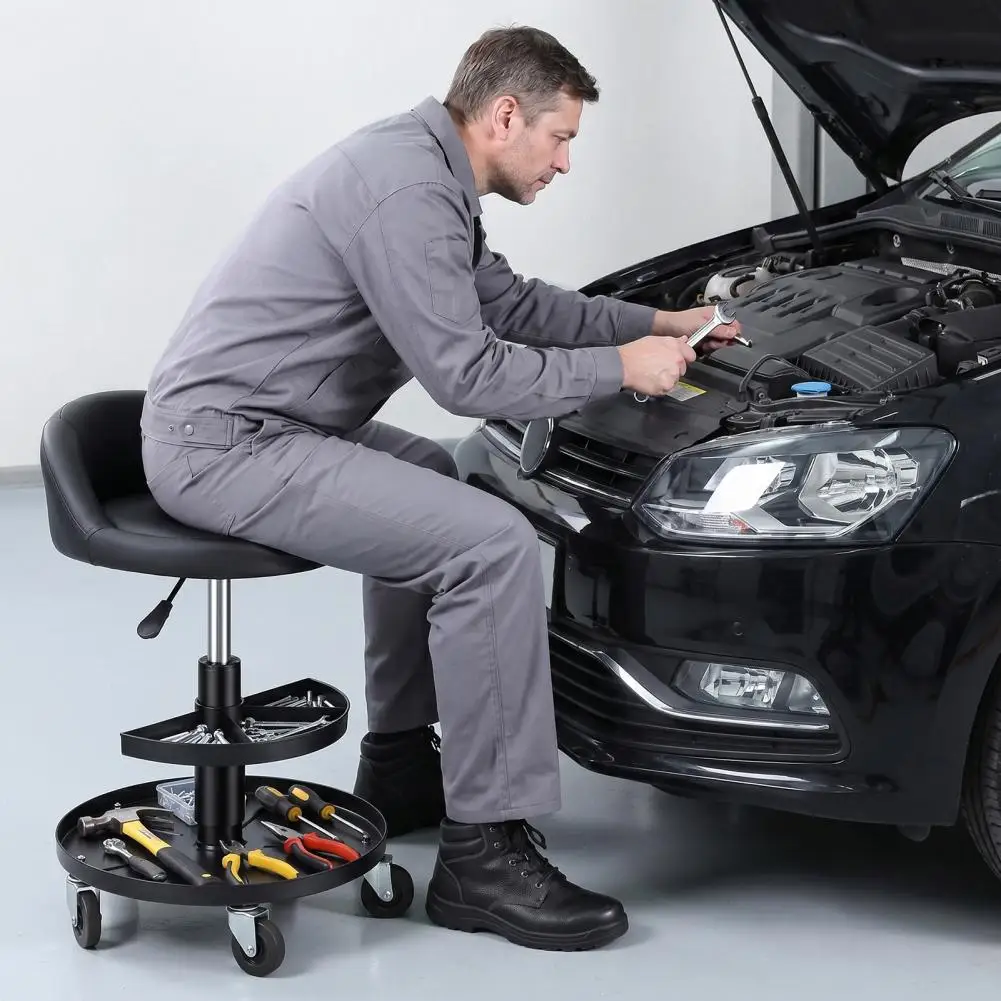 Garage Mechanic Stool with Wheels Backrest, Height Adjustable Low Stool with Storage Tray, Swivel Task Chair for Workshop Salon