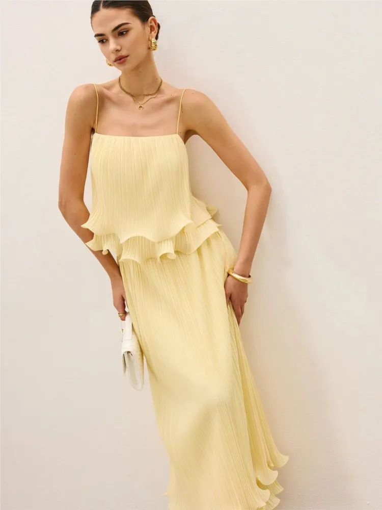 MsChuh Summer Woman 2 Piece Set Outfit French Halter Backless Top Solid Color Skirt Two Piece Outfits Temperament Fashion Trendy