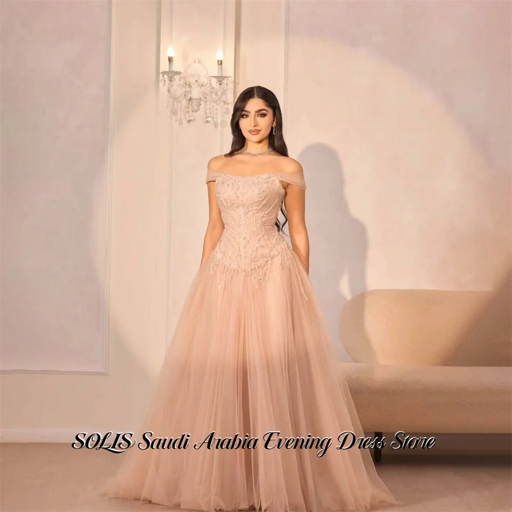 SOLIS Blush Pink Party Dress Off the Shoulder Evening Dresses Beading On Chest Party Gown Tulle Prom Gown for Women Customized