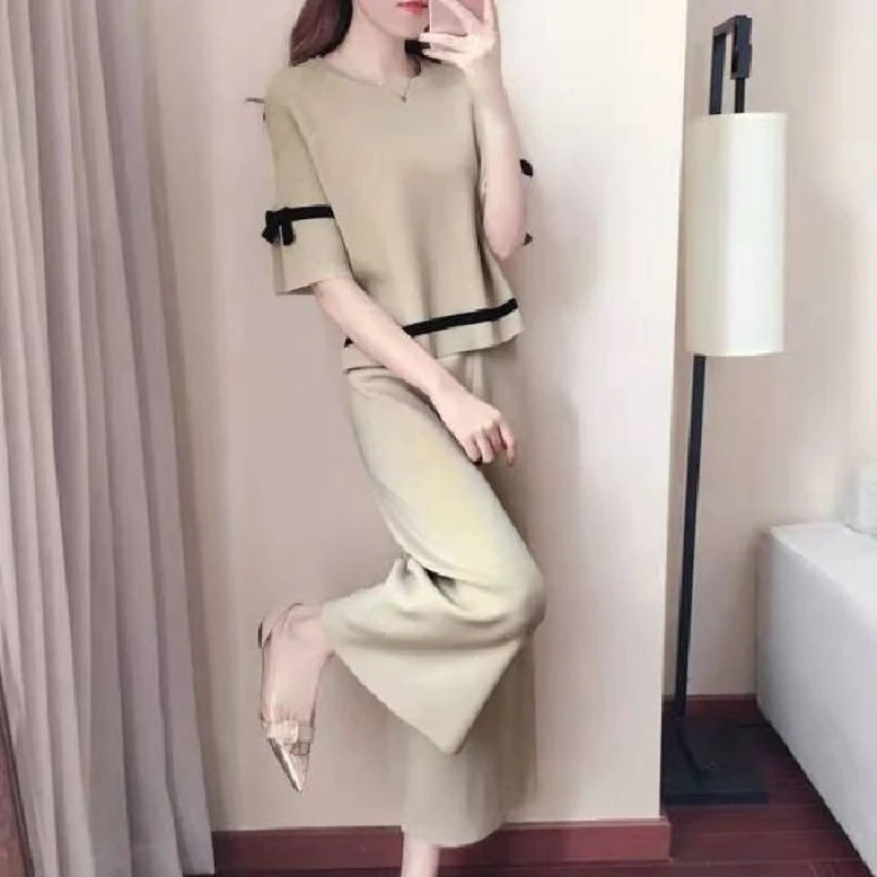 

O-neck Short Sleeve Top+high Waist Wide Leg Pants Womens Spring Summer Two Peice Sets New Fashion Loose Slim Tracksuit