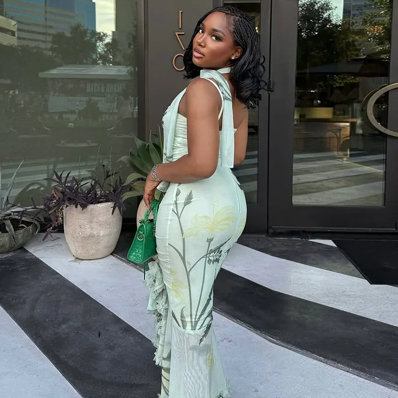 DSMTRC Vintage Luksusowa Damska Sukienka Wieczorowa z Nadrukiem Elegancka Bez Rękawów na Cienkich Ramiączkach Obcisła Sukienka Bodycon z Falbankami i Wycięciami