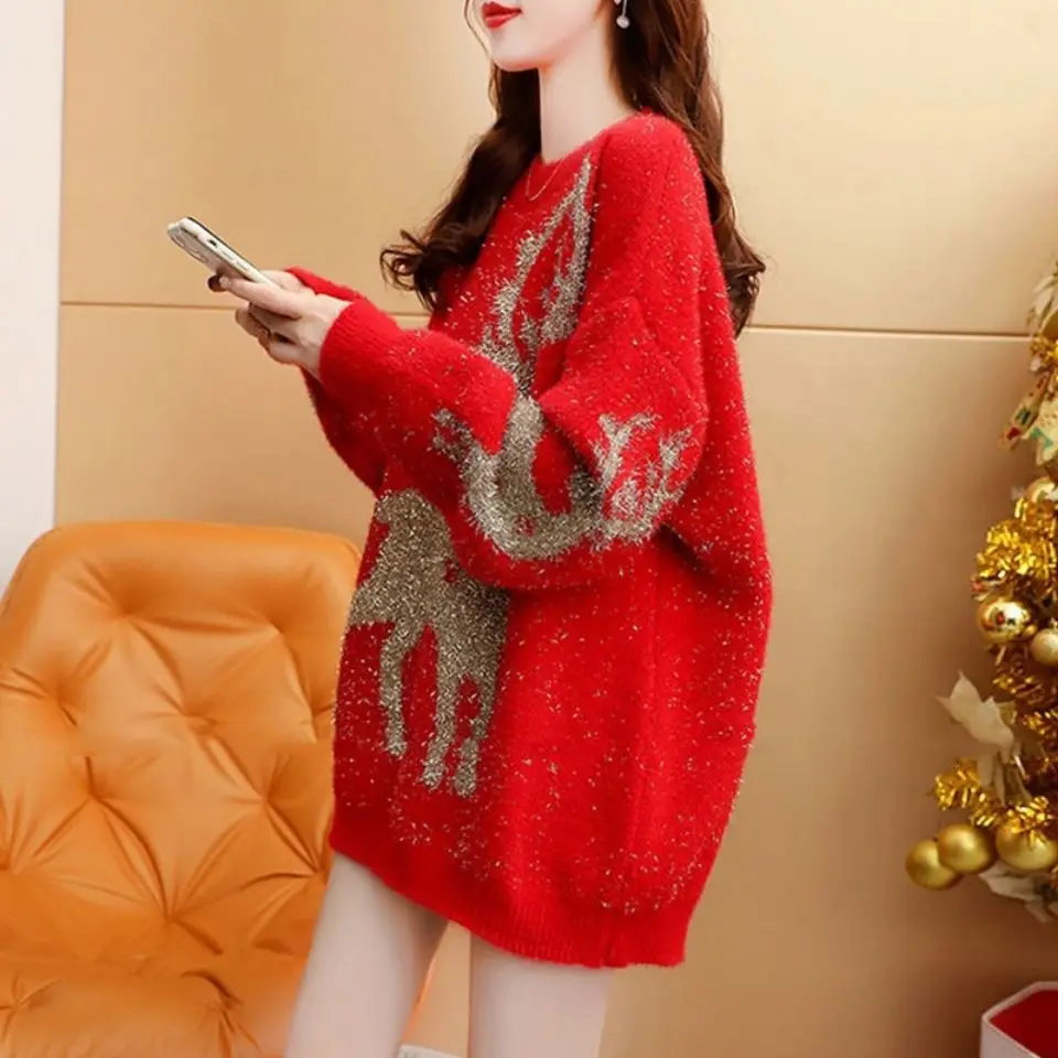 Winter Christmas Sweater Knit Coats Plus Size Sweater Pullover Korean Fashion Loose Designer Long Sleeve Top New