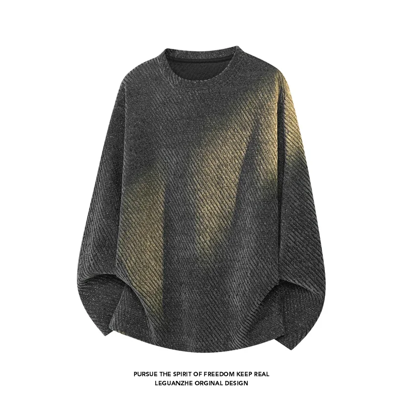 Mens Oversized Crew Neck Long Sleeve Top Oblique Striped Knit Texture Relaxed Silhouette For Casual Commute Leisure Wear