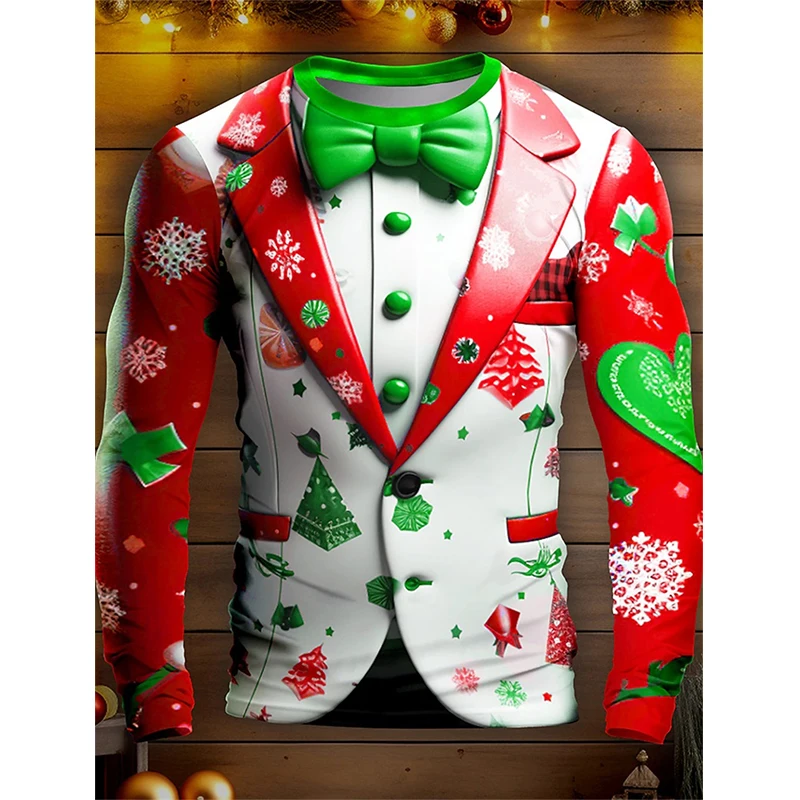 Traje con patrón de copo de nieve de Navidad para hombres y mujeres, Camiseta con estampado 3D, camisetas de manga larga con cuello redondo,