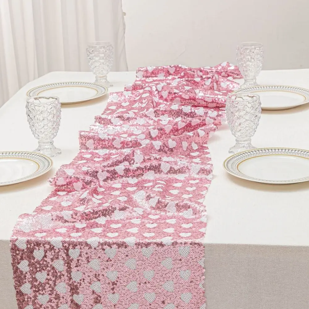 

Valentines Day Sequined Mesh Table Runner Romantic Love Heart Glitter Table Linens Rectangle European Table Flag