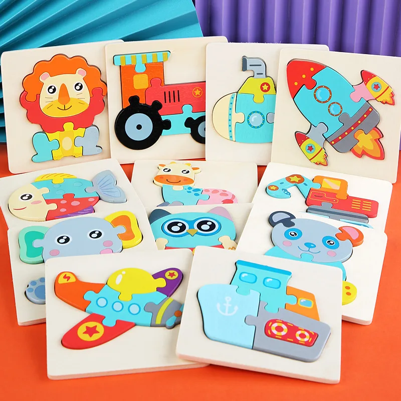 3D Wooden Baby Toys Puzzle Cartoon Animal Intelligence Cognitive Jigsaw Wood Puzzle Early Educational Toys For Baby