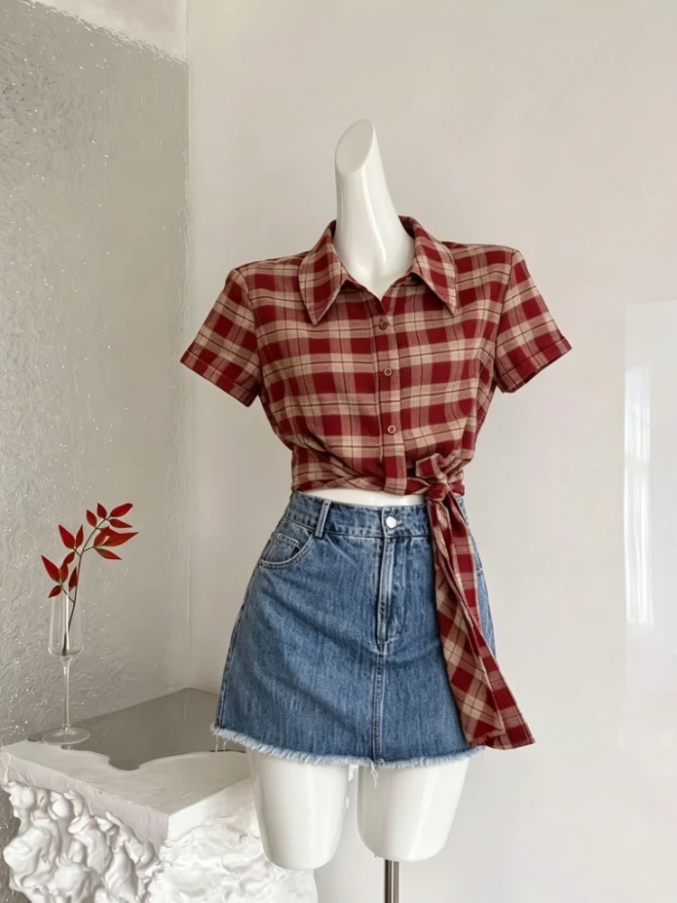 

2026 Summer Casual Sweet 2 Piece Set for Women Fitted Lace-Up Plaid Shirt + Chic All Match High Waist Skort Daily Female Outfits