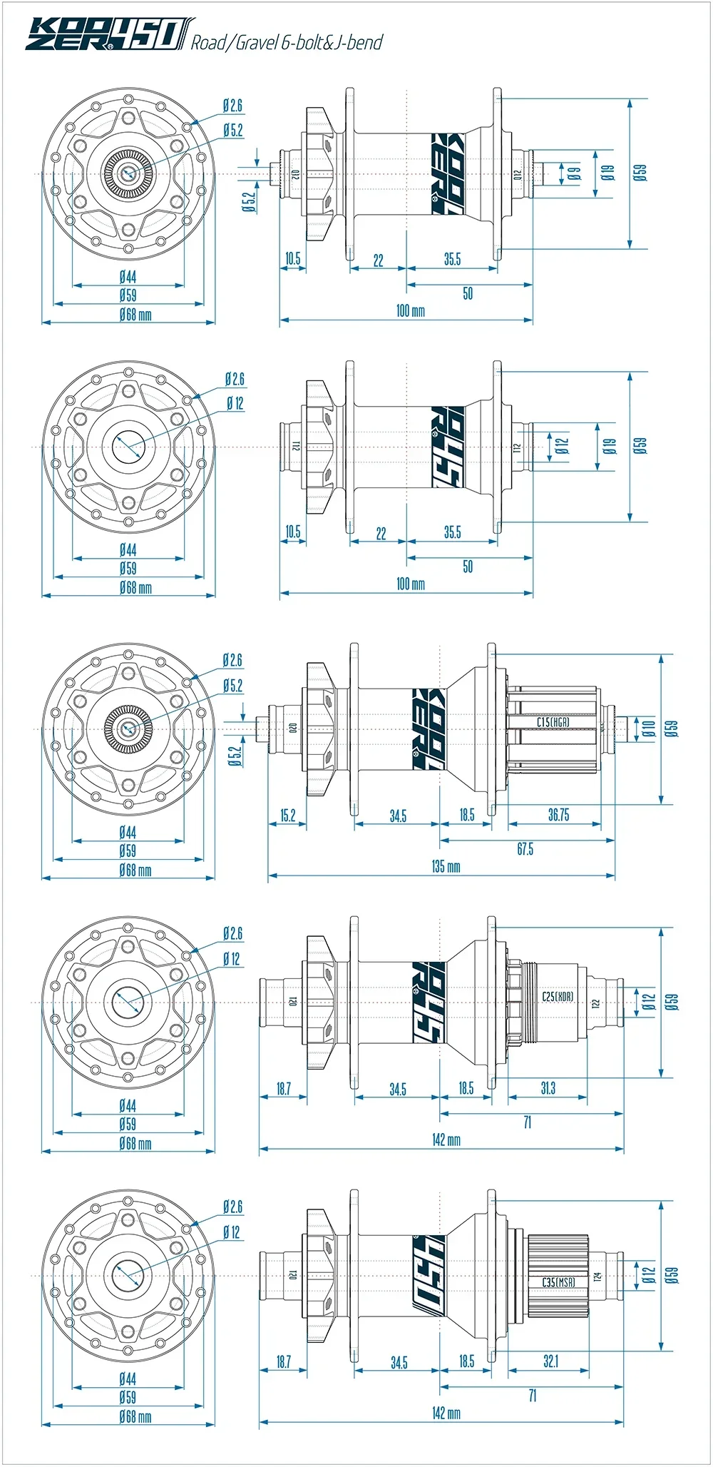 Koozer 450 Rear CX Gravel Hub 28H 32H Holes 5x135mm QR 12x142mm Thru HGR XDR MSR 11 12s Bike Parts Road Disc Brake Bicycle Hubs