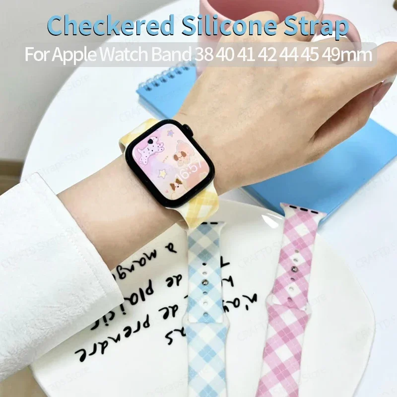 Checkered Silicone Strap for Apple Watch Serie 7 Correa 45mm 41 49 Women Sports Bracelet for Iwatch 9 8 6 SE 5 4 38mm 40mm 42 44