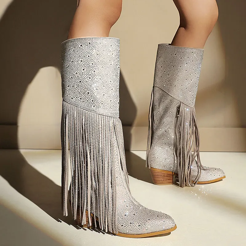 Western style Shimmer High Boots For Women 5.5CM Chunky Heels Glitter Rhinestone Tassels Boots Fashion Cowgirl Shoes Size 44