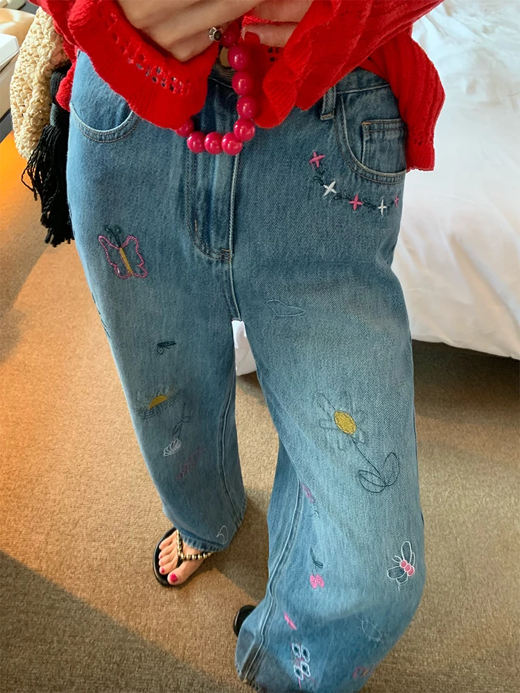 

High Waist Embroidered Denim Jeans Women's 2024 New Design Wide Leg Pants Small Size Faionable Casual High Quali