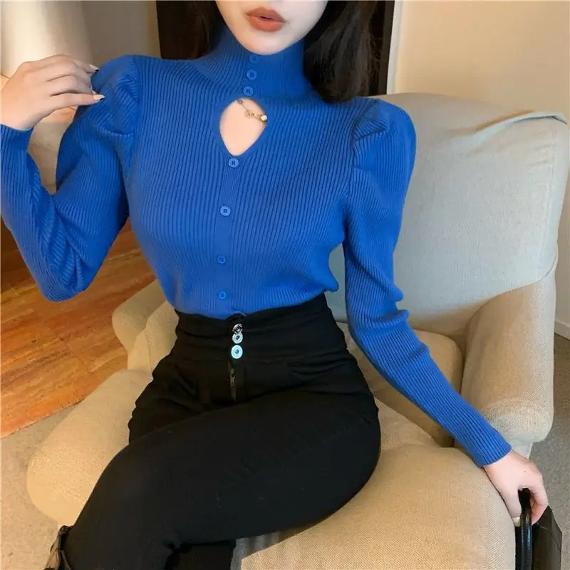 

Women's Clothing Elegant Trend Casual Korean Slim Interior Lapping Undercoat Solid Color Buttons Turtleneck Long Sleeve T-Shirts