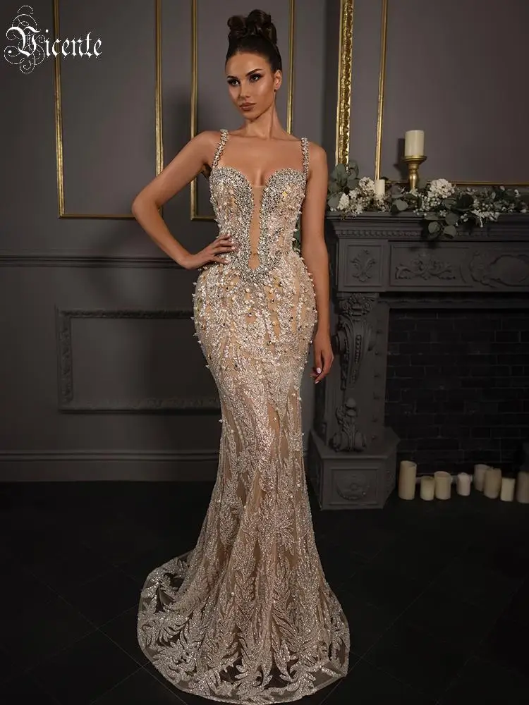 VC Gala Opulence Beige Nude Deep V Beaded Sequin Mermaid Maxi Dress for Party Gown