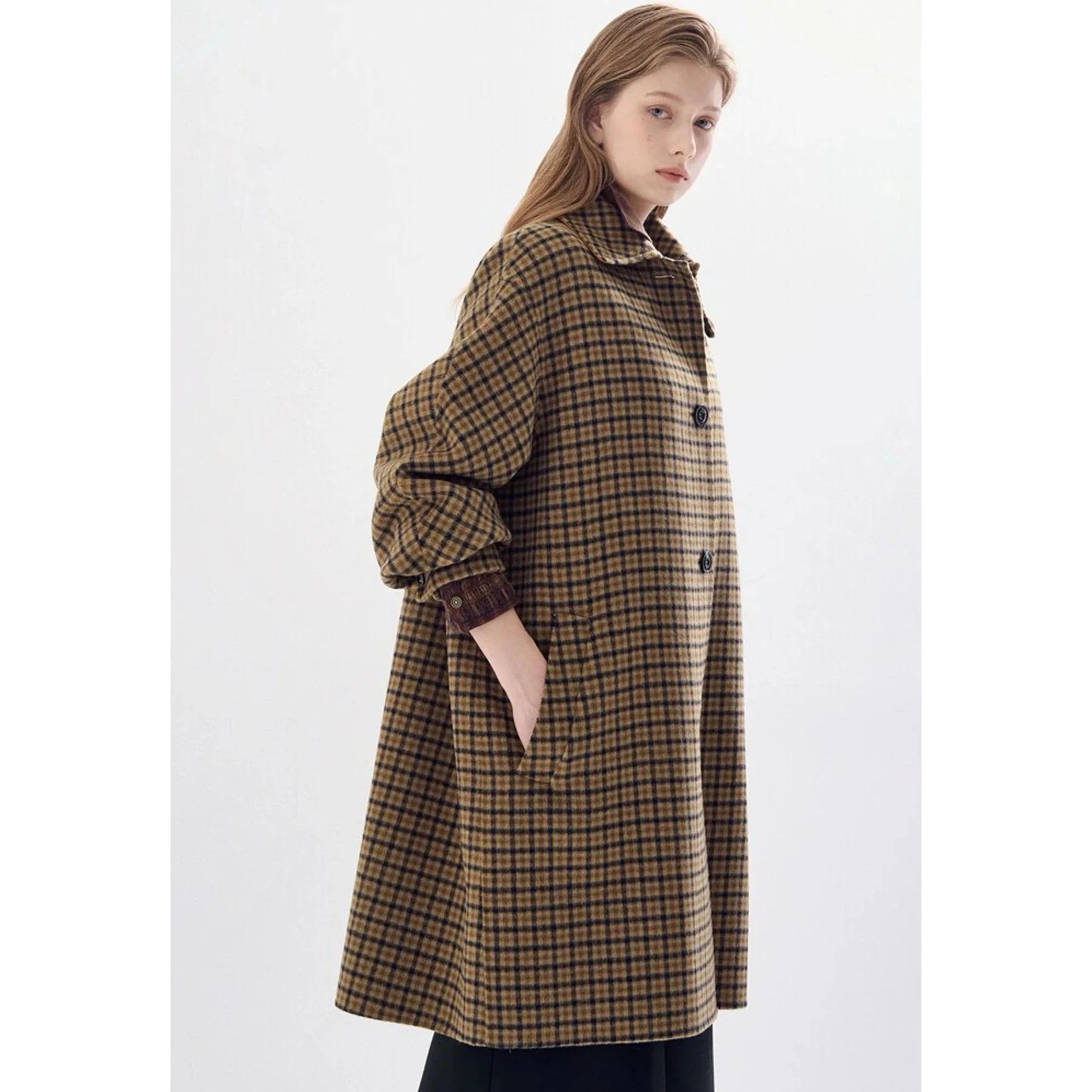 معطف كبير الحجم من الصوف مخيط يدويًا من الجبن الليموني LAN25 للخريف بتصميم عتيق منقوش وياقة مقلوبة ملابس خارجية متعددة الاستخدامات طويلة Sve #2