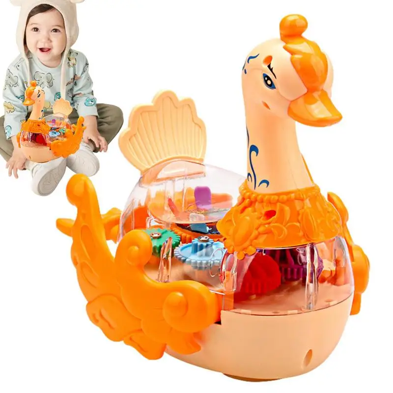 Light Up Transparent Toy Swan Shape Clear Bump And Go Car Toy Music Colorful Moving Gears LED Effects Birthday Gift Toddlers