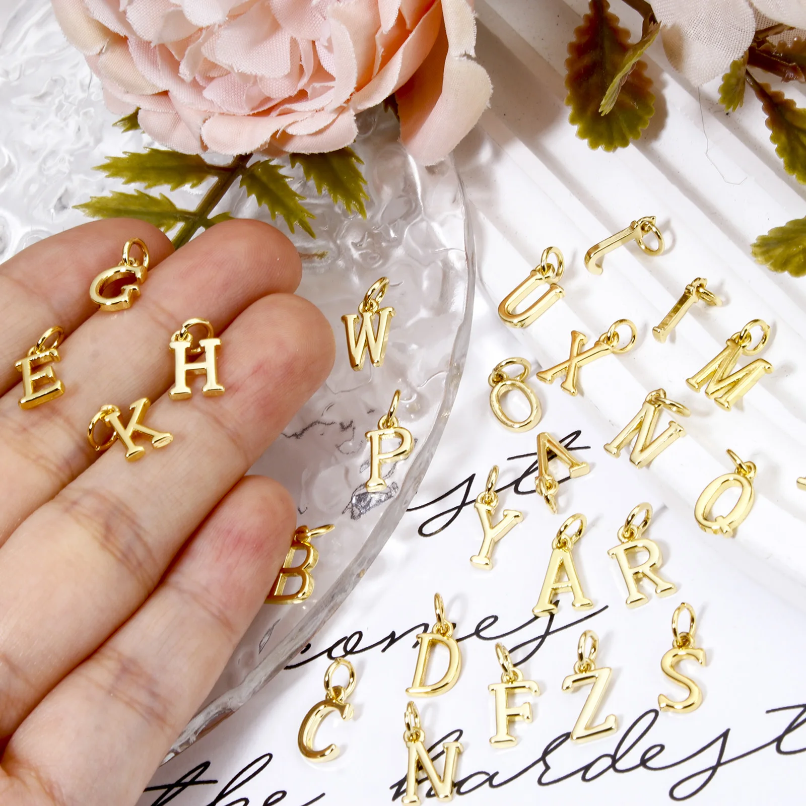 5 Piece Brass Charms 18K Gold Plated Capital Alphabet Initial 26 Letter \