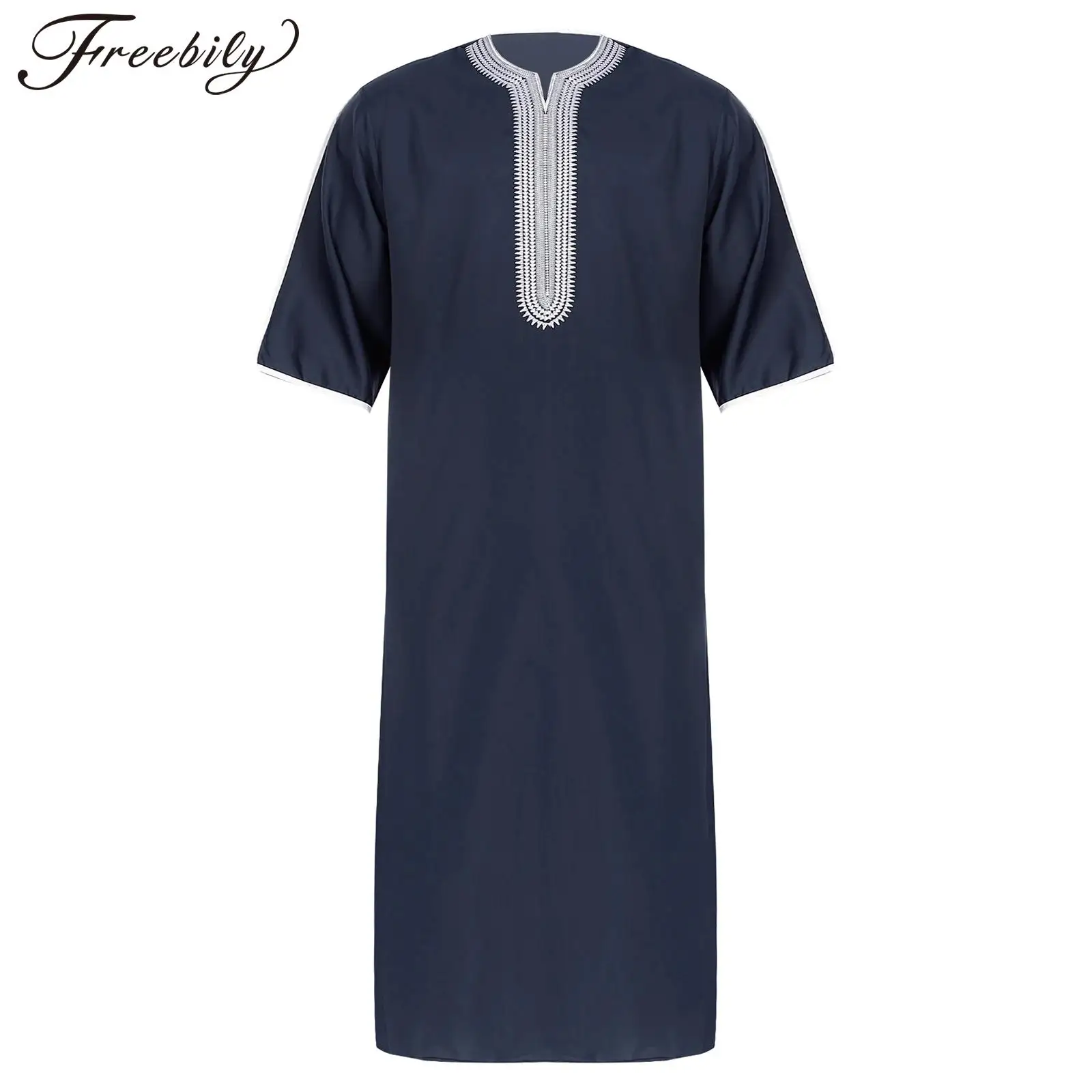 

Mens Islamic Muslim Robe Embroidered V Neck Half Sleeve Arab Abaya Middle Eastern Casual Robe