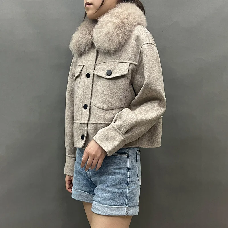 2024 Lady New Styles Wool Coats Autumn Winter Fox Fur Collar Real Woo Jacket Fashion Full Sleeve Clothing With Pocket