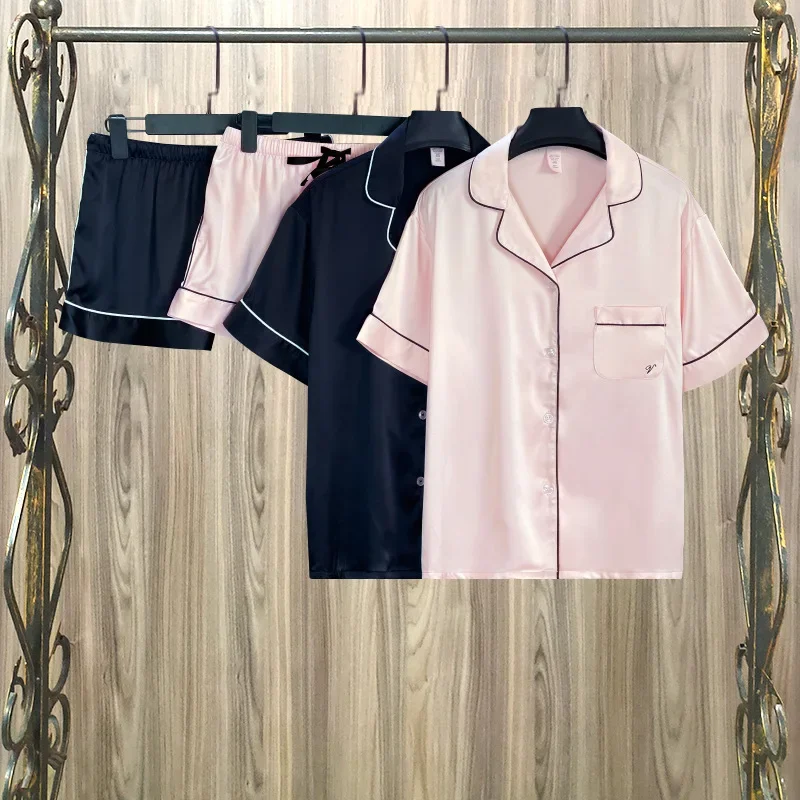 Conjunto pijama de seda gelo rosa feminino, shorts de manga curta, roupa de casa, pijamas de duas peças, verão e outono, novidade