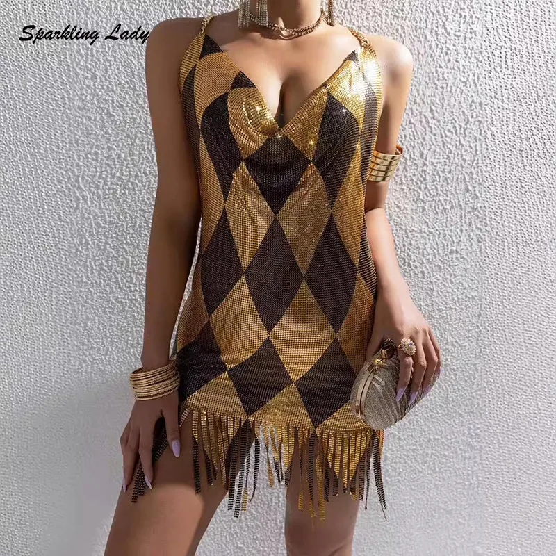 

Sexy Golden Nightclub Outfit Women Metal Mesh Party Dresses Geometric pattern Metallic Spicy Sequin Tassels Chainmail Dress