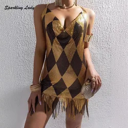 Sexy Graduation Party Metallic Sequin Tassels Golden Chainmail Dress Women Metal Mesh Geometric Pattern Summer Casual Dresses