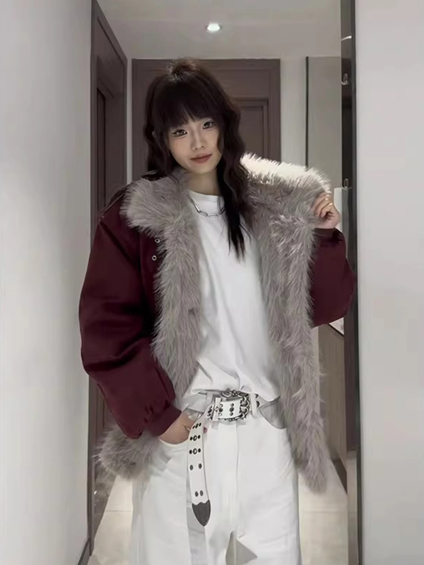 

Мужская зимняя куртка American Sle Wine Red Flip Fur Collar Mountain Eagle Jaet из утолщенного хлопка, в стиле де-конструкт