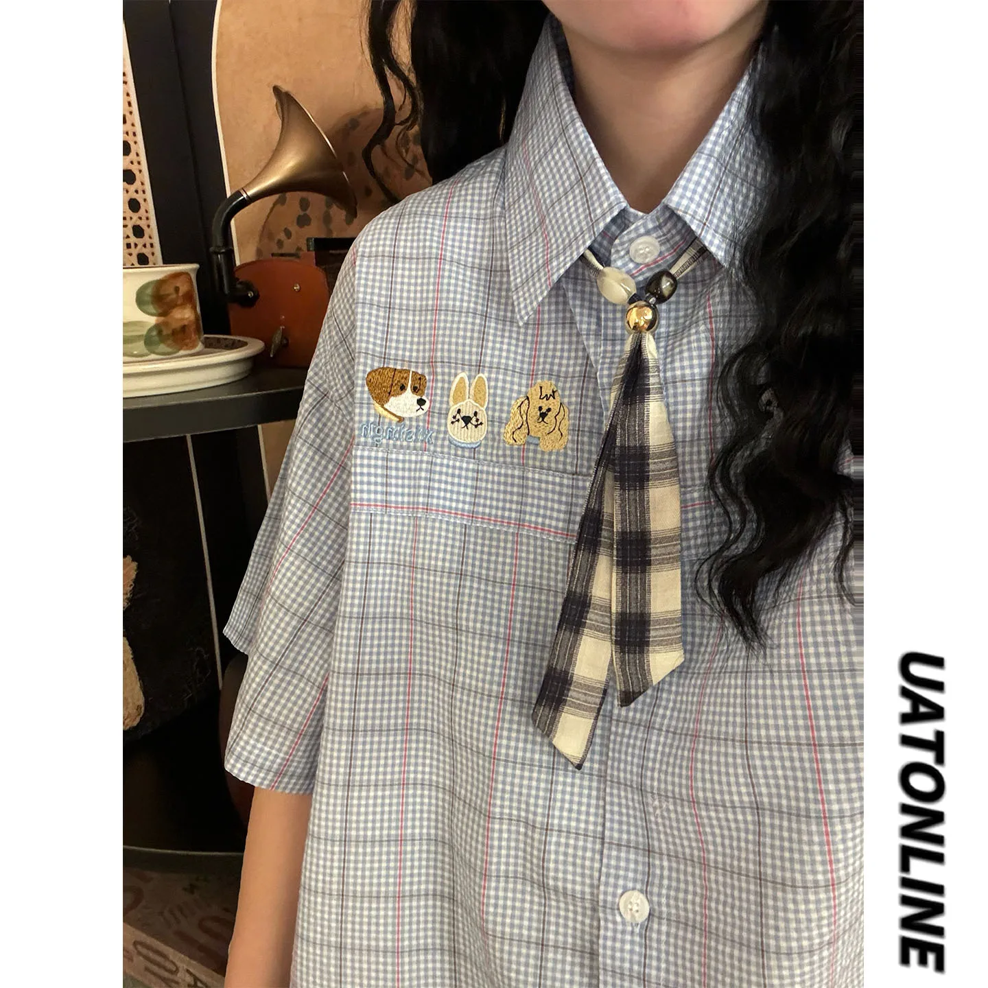 

UATONLINE2026 Рубашка унисекс с коротким рукавом и вышивкой в виде мультяшной собаки, свободного кроя, дышащая, комфортная, весенняя, в уличном стиле