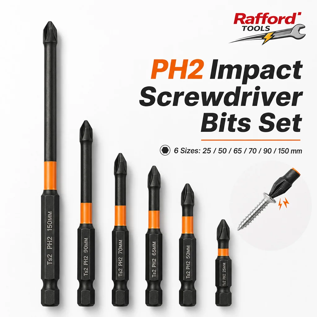 Rafford 6PCS PH2 Magnetic Impact Screwdriver Bits Set, S2 Steel 1/4 Hex Shank Drill Driver Bits 25-150mm