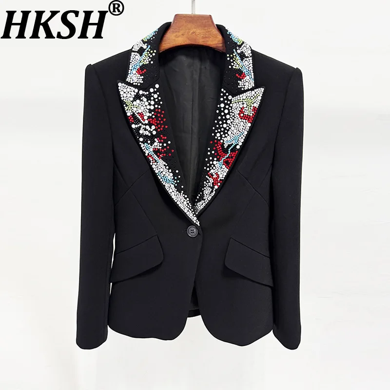 HKSH 2026 Spring New Women Blazer Studded Colorful Diamonds Single Button Slim Fit Elegant Trend Office Lady Luxury Coat HK17503
