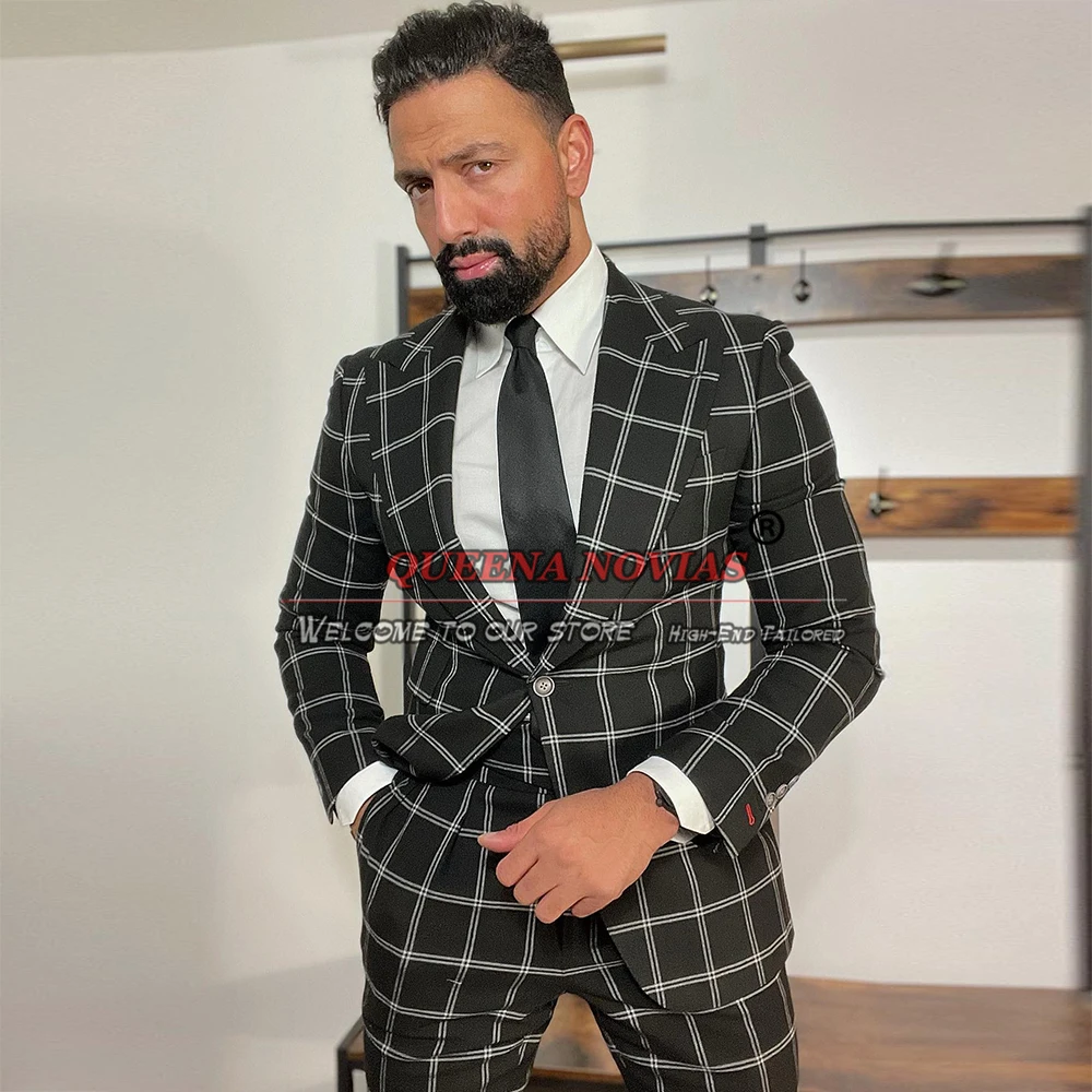 Trajes de cuadros negros para hombres, Blazer de un solo pecho, esmoquin de novio, trajes de boda, a medida, negocios, Masculino