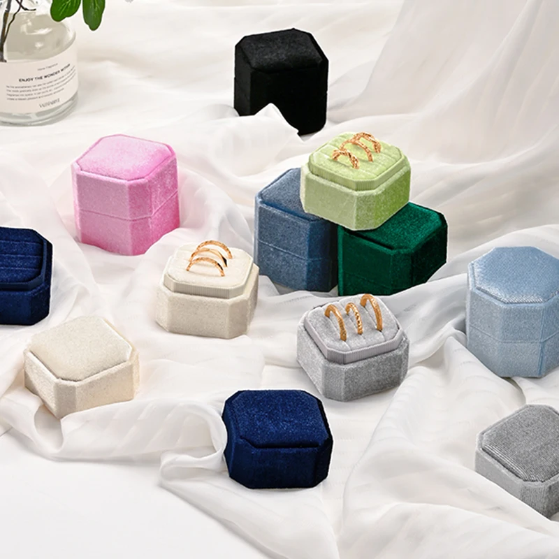 WoodTen Velvet Ring Box Muti Color 1/2/3 Slots Square Ring Box Wedding Engagement Flanner Modern Wedding Gifts for Couples