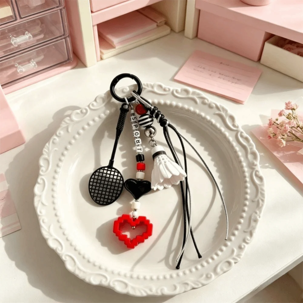 Metal Badminton Keychain Letter Beaded Handmade Beaded Badminton Racket Keychain Creative Design Sport Racket
