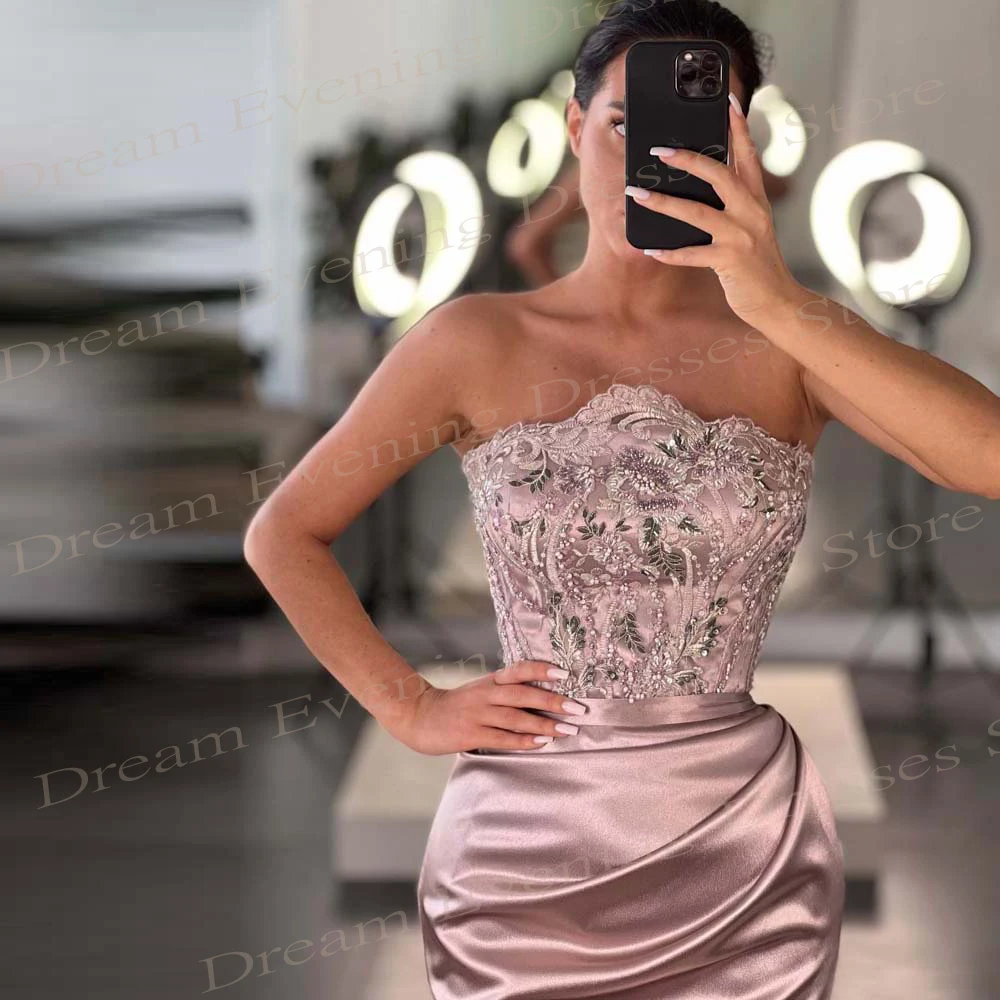 Gaun malam Modern putri duyung wanita merah muda anggun indah gaun Prom tanpa tali applique belahan samping seksi Vestidos De Noite