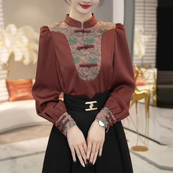 Women's Vintage Chinese Style Print Patchwork Blouse Office Lady Elegant Luxury Satin Shirt Spring Autumn Long Sleeve Slim Tops