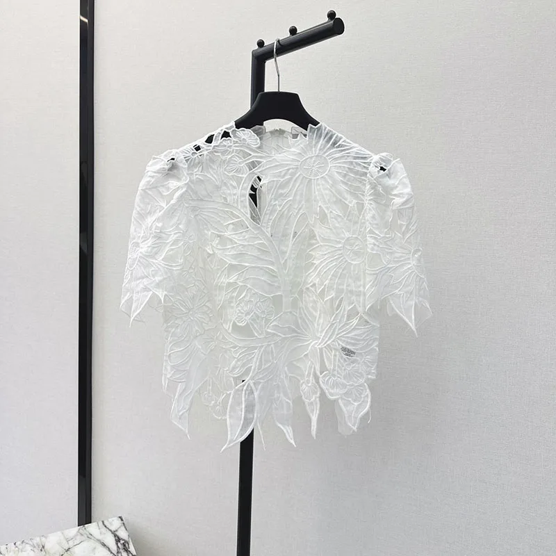 Tank top y2k spring and summer heavy embroidery hollow lace shirt T-shirt2024korean fashion short sleeve irregular top for women