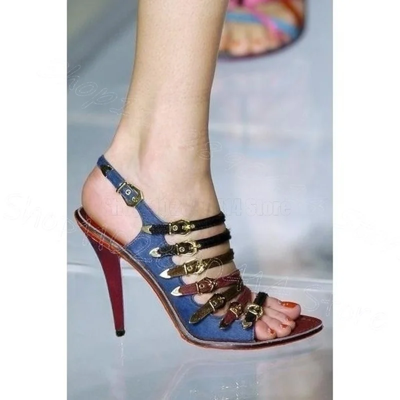 

Metal Buckle Hollow Design Blue Runway Sandals Buckle Strap Women Shoes Thin High Heels Party Banquet 2026 Zapatos Para Mujere