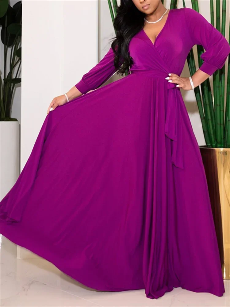 Robe longue pour femmes, couleur unie, col en v, taille élastique, manches longues, grande balançoire, ample, décontractée, surdimensionnée