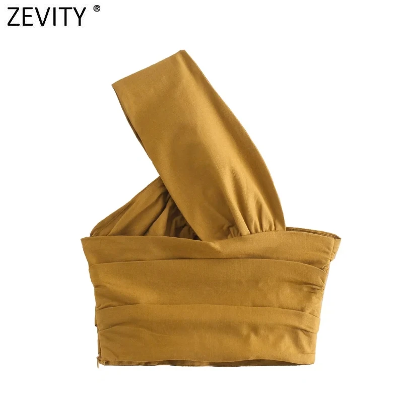 Zevity Women Sexy Two Color Single Shoulder Knotted Linen Smock Blouse Lady Chic Pleat Side Zipper Crop Shirt Blusas Tops LS9969