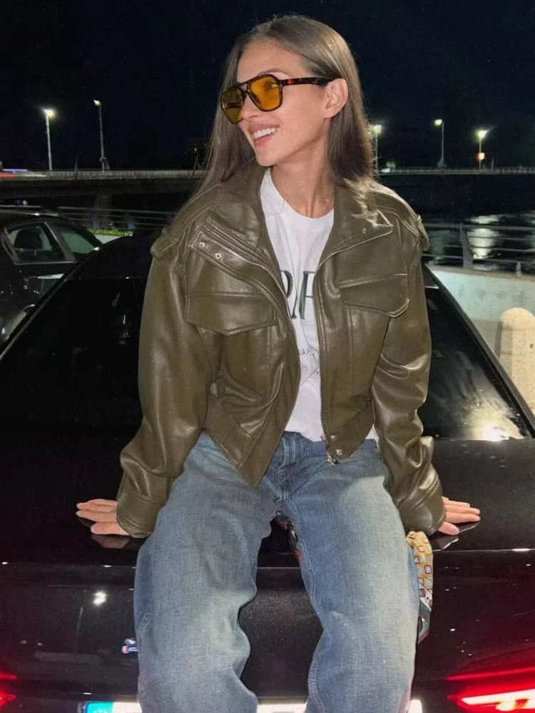 HH Fashion Spring Women Faux Leather Cropped Jacket 2026 Vintage Turn-Down Collar Long Sleeve Zipper Bomber Coats Streetwear