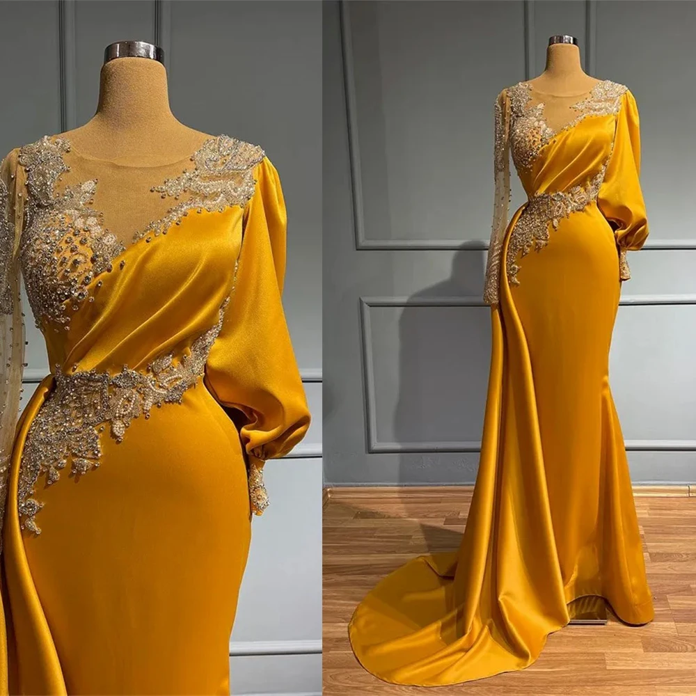 見事なジュエルマーメイドプロムドレス長袖イブニングドレスビーズクリスタル特別な機会のマザードレスカスタマイズ