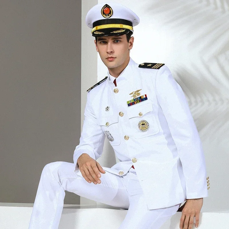 

US Navy Uniform Captain Suits Yacht Jacket Pants Set USN Suit Men Uniforme U.S. NAVY MALE OFFICER/CPO SERVICE DRESS WHITE COAT
