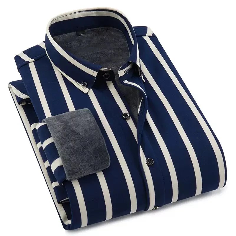 Inverno novo estilo na moda de pelúcia grosso quente listrado camisa para masculino casual solto esportes tamanho grande alta qualidade camisa manga longa