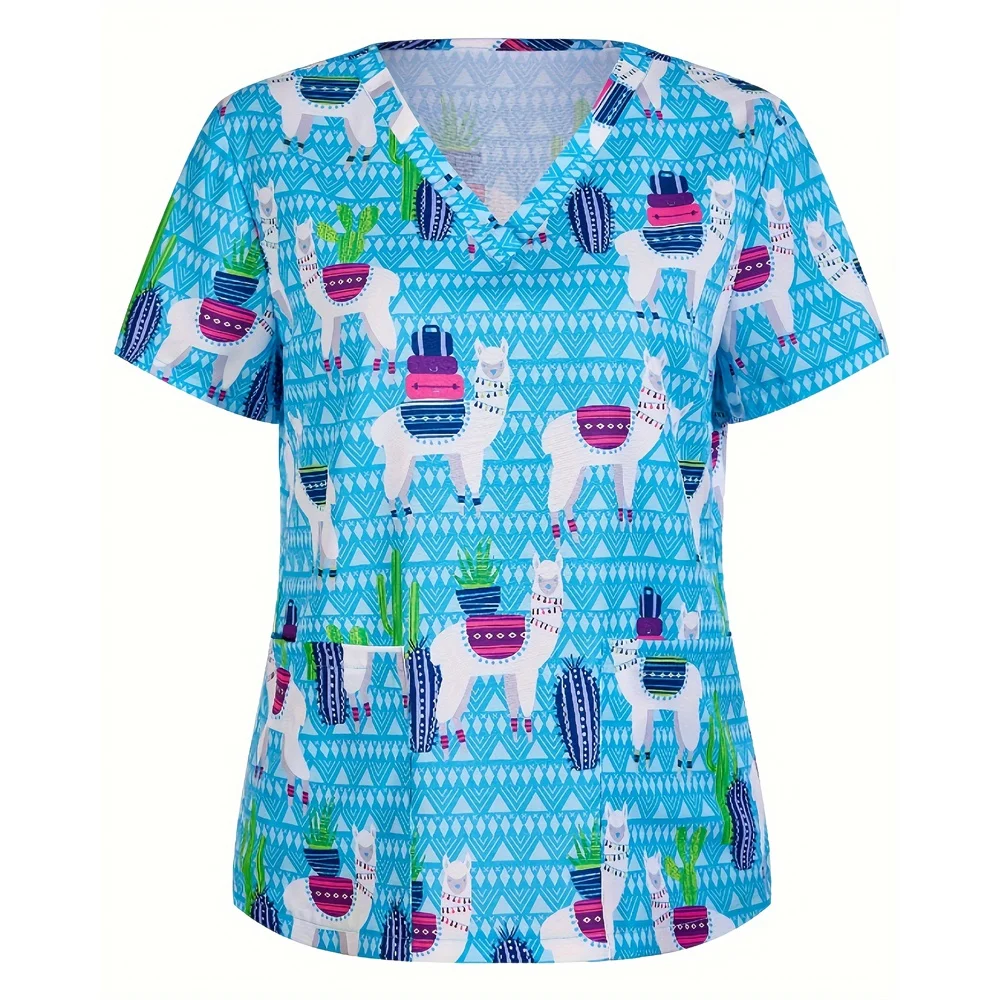 Nurse Uniform Women's Tops V Neck T Shirt Cat Dog Cartoon Printed Tops Uniform Short Sleeve Pockets Medical Female Nurse Uniform
