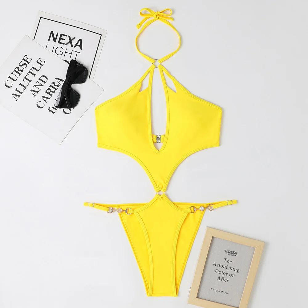 Pearl Chains Bikini String Hollow Out Monokini Backless Swimsuit Vacation Swimwear Women Beach Bathing Suit Yellow Bikinis Mujer