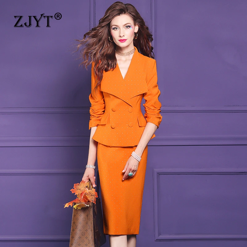 ZJYT Luxury Diamonds Blazer Suits Pencil Skirt Two Piece Matching Sets for Women Autumn 2024 Elegant Office Lady Outfit Party