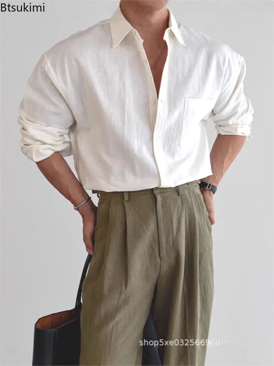 Classic White Shirt Spring Summer New Men's Loose Cotton Linen Breathable Long Sleeve Shirt High Grade V Neck Pocket Cargo Shirt